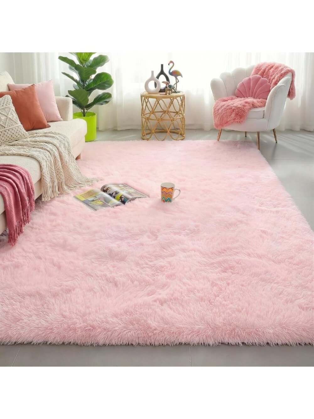 Cozy Light Pink Fluffy Fuzzy Area Rug 4x6 - Perfect for Girls' Bedroom & Kids'